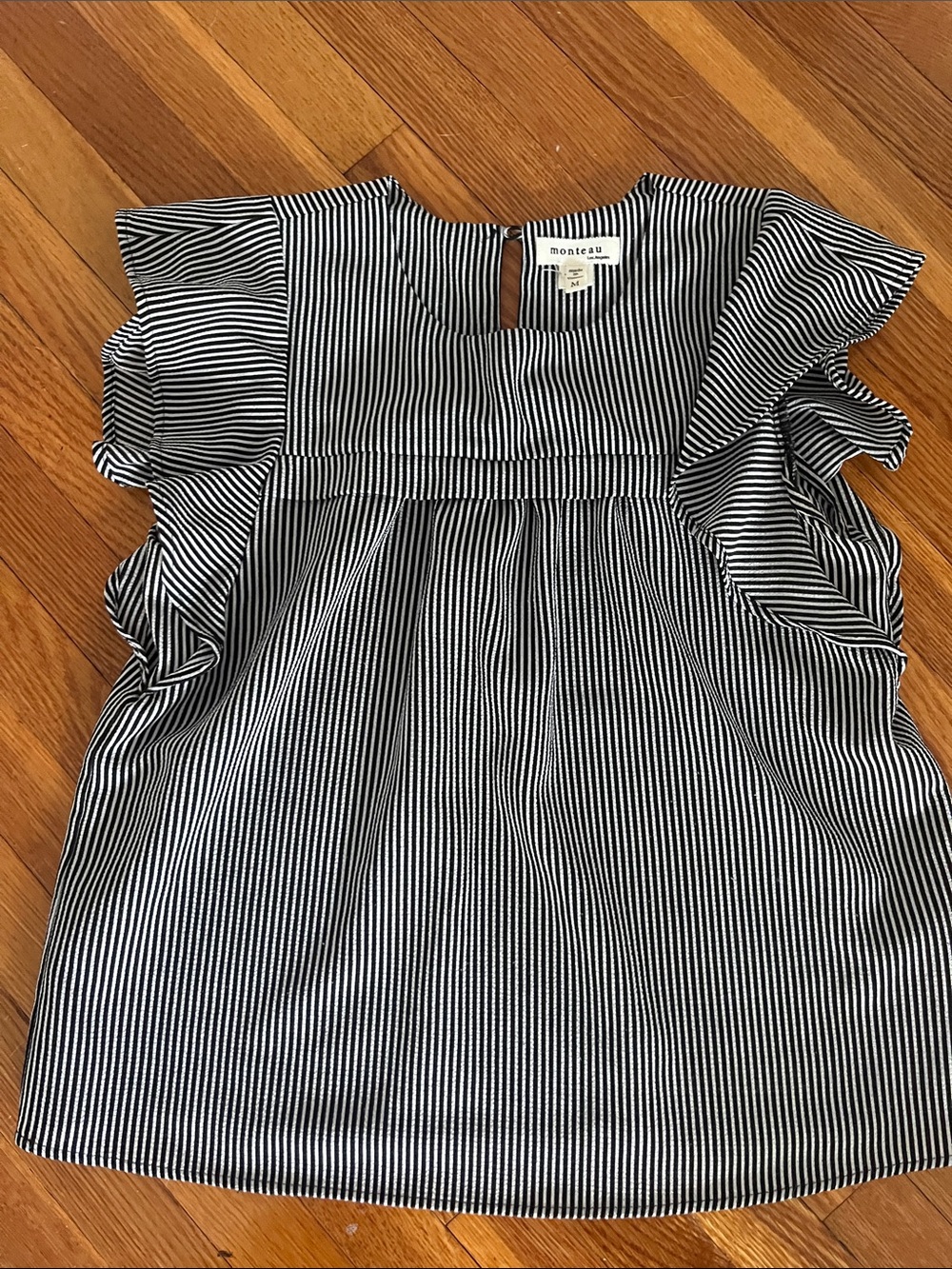 Monteau Black & White Pinstripe Ruffle Sleeve Top